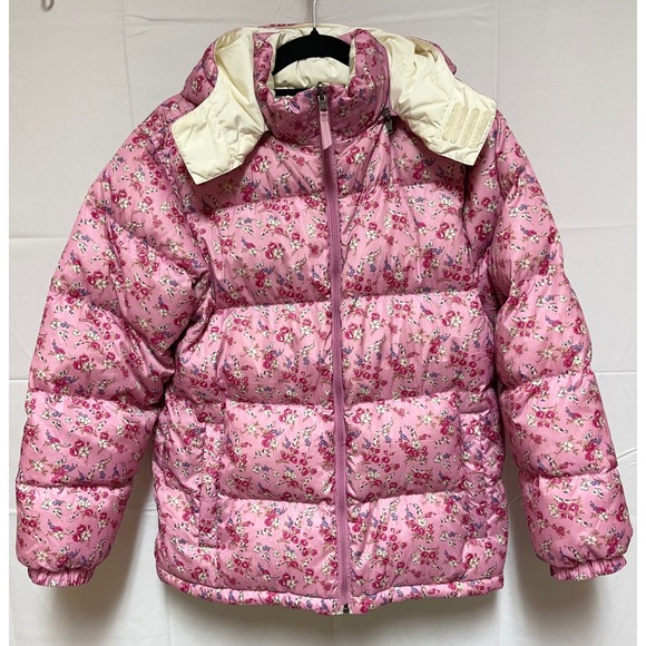 Lands End Jackets & Blazers - Lands End Women Pink Floral Puffer Jacket Hooded Down Fill Size L 14-16